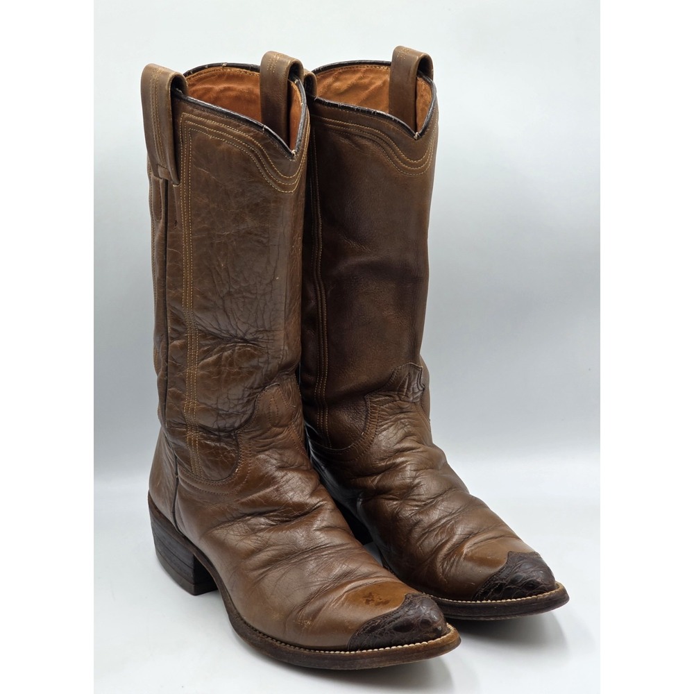 Vintage Dan Post Cowboy Boots 6.5D Brown Lizard Skin Toe Cap Western Boots